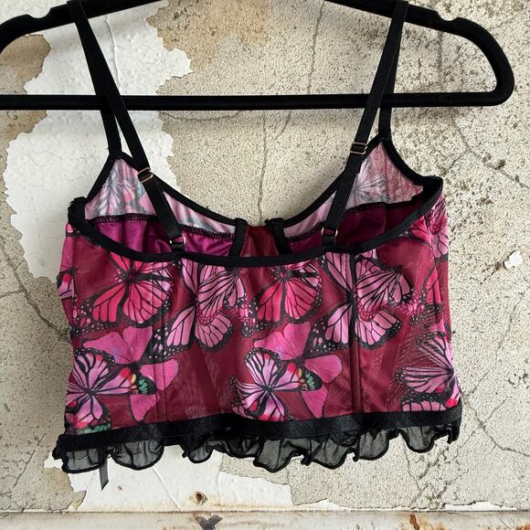 Corset Bustier Tank Top Mesh Magenta Pink Butterfly Print Black Ruffle Hem Sz 8 - Picture 5 of 7